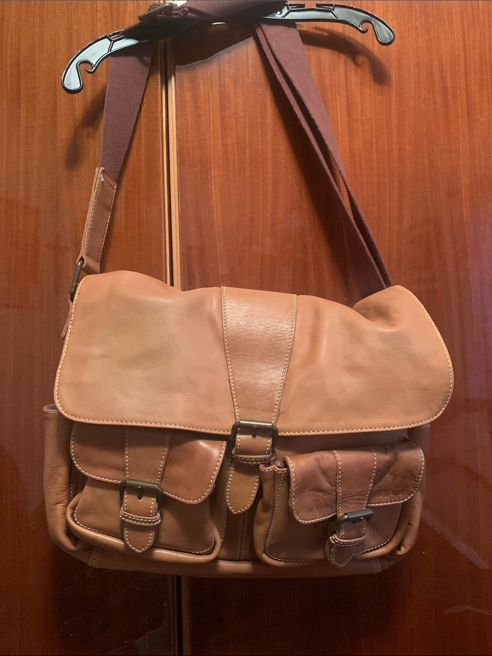 Fossil Tan Leather Messenger Bag with Brown Strap